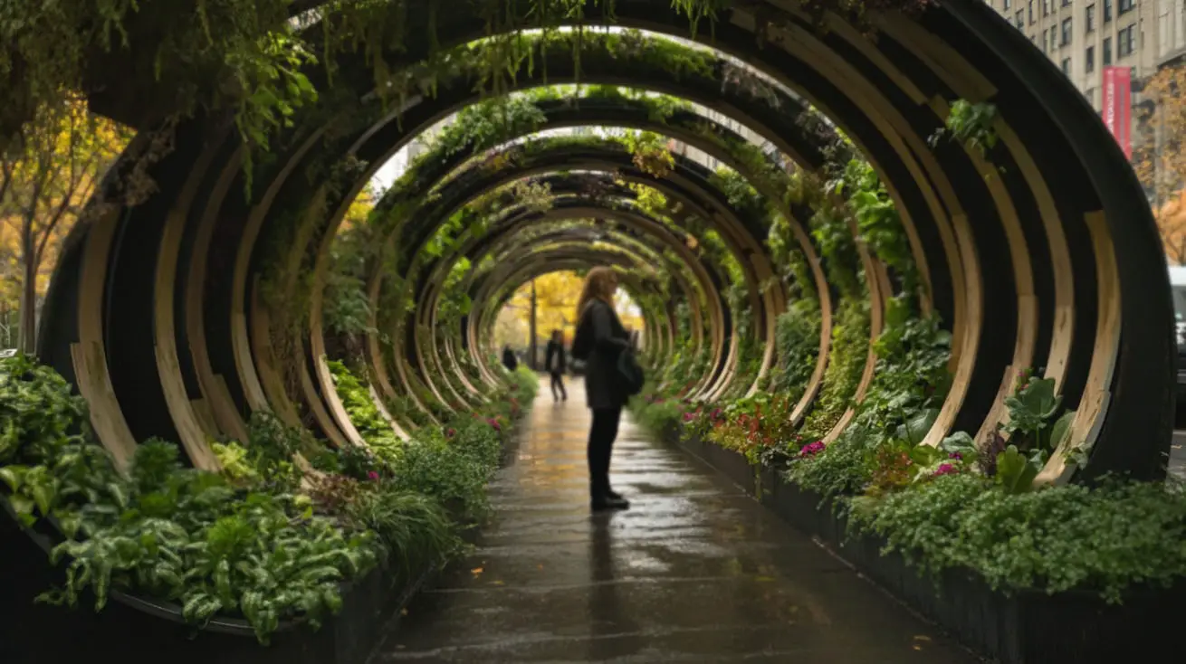 Person standing in a plant-covered tunnel walkway in New York City