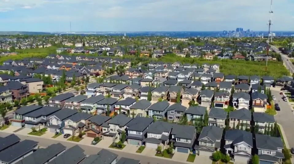 Aerial view of a residential neighborhood in Calgary