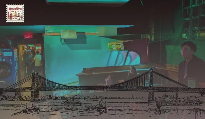 Interior of Alligator Lounge in Williamsburg, Brooklyn, showing dimly lit seating area with arcade games, neon lights, patrons, and a Brooklyn bridge illustration overlay