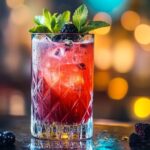 A vibrant blackberry cocktail garnished with mint and berries, set against a colorful blurred bar background