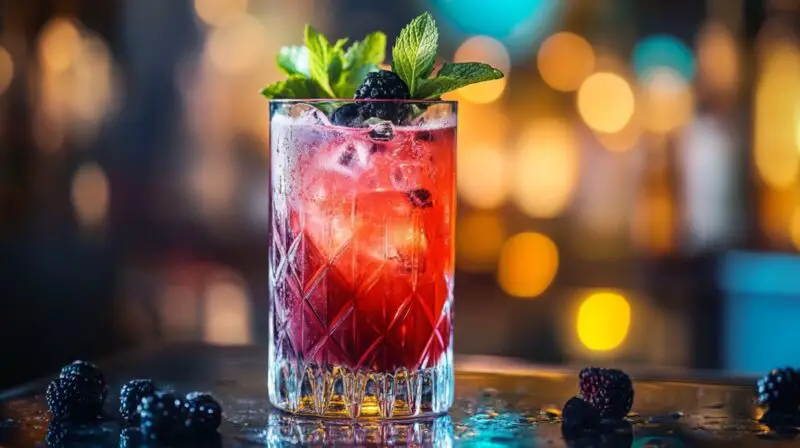 A vibrant blackberry cocktail garnished with mint and berries, set against a colorful blurred bar background