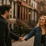 A couple strolling hand-in-hand down a city street