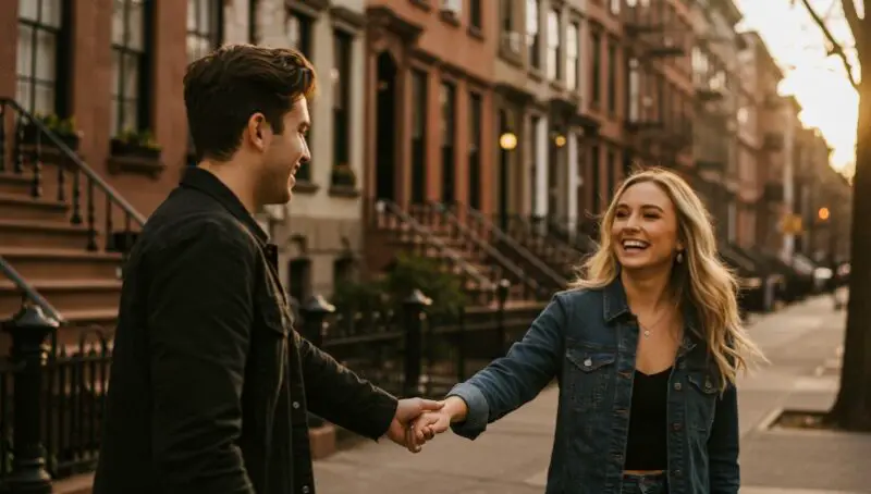 A couple strolling hand-in-hand down a city street