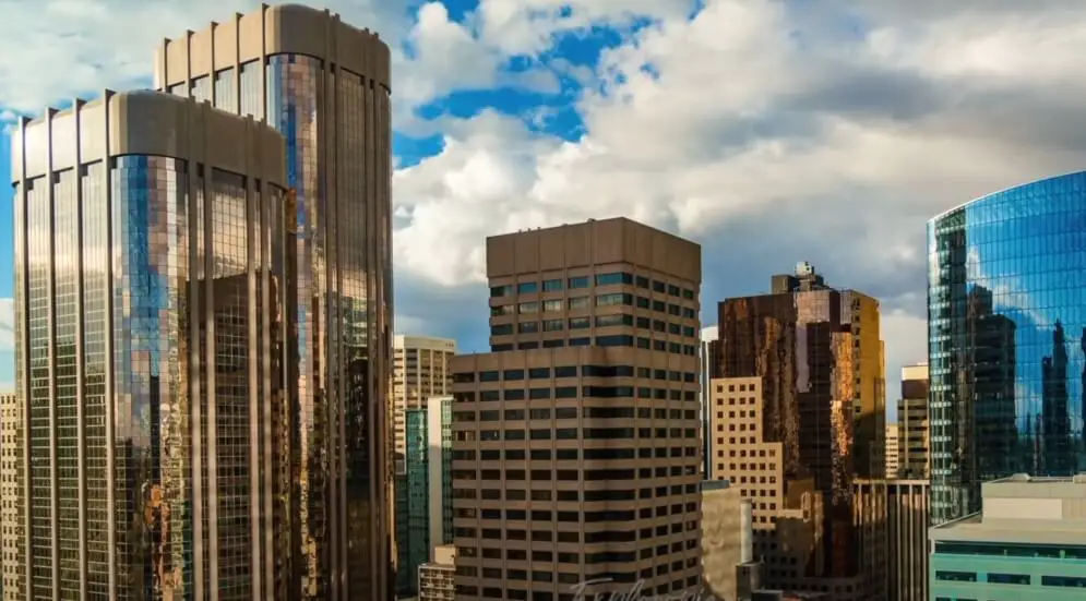 Drone view of Calgary and tall buildings