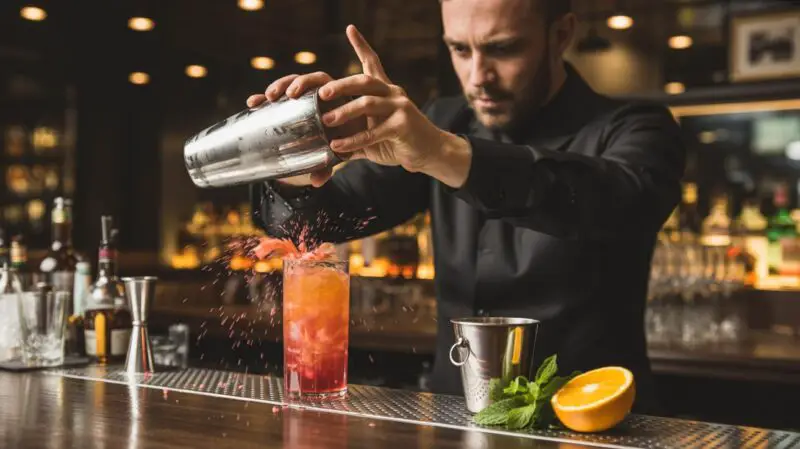 Bartender in a black shirt pouring a vibrant cocktail from a shaker behind a stylish bar, with ingredients like orange and mint on the counter.
