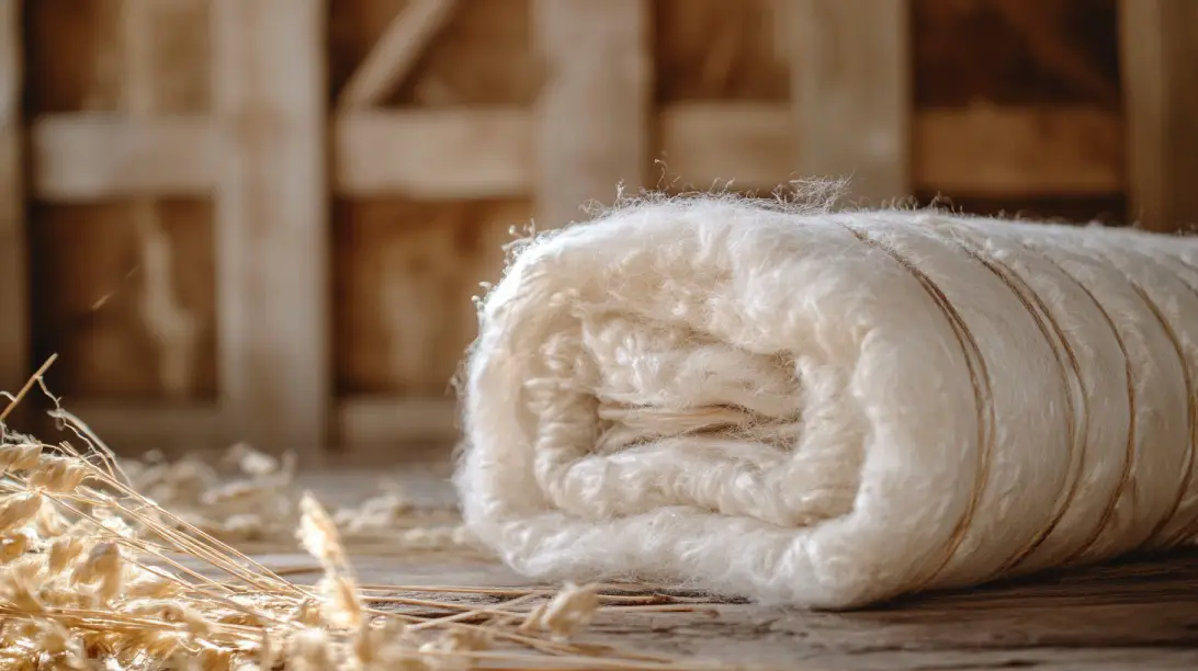 A roll of eco-friendly home insulation material placed on a wooden floor in a rustic setting