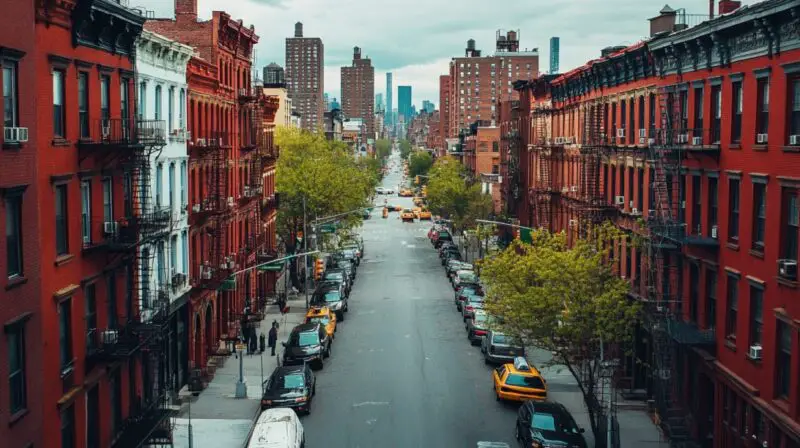 City street lined with red brick buildings, parked cars, yellow taxis, and trees, with skyscrapers visible in the background