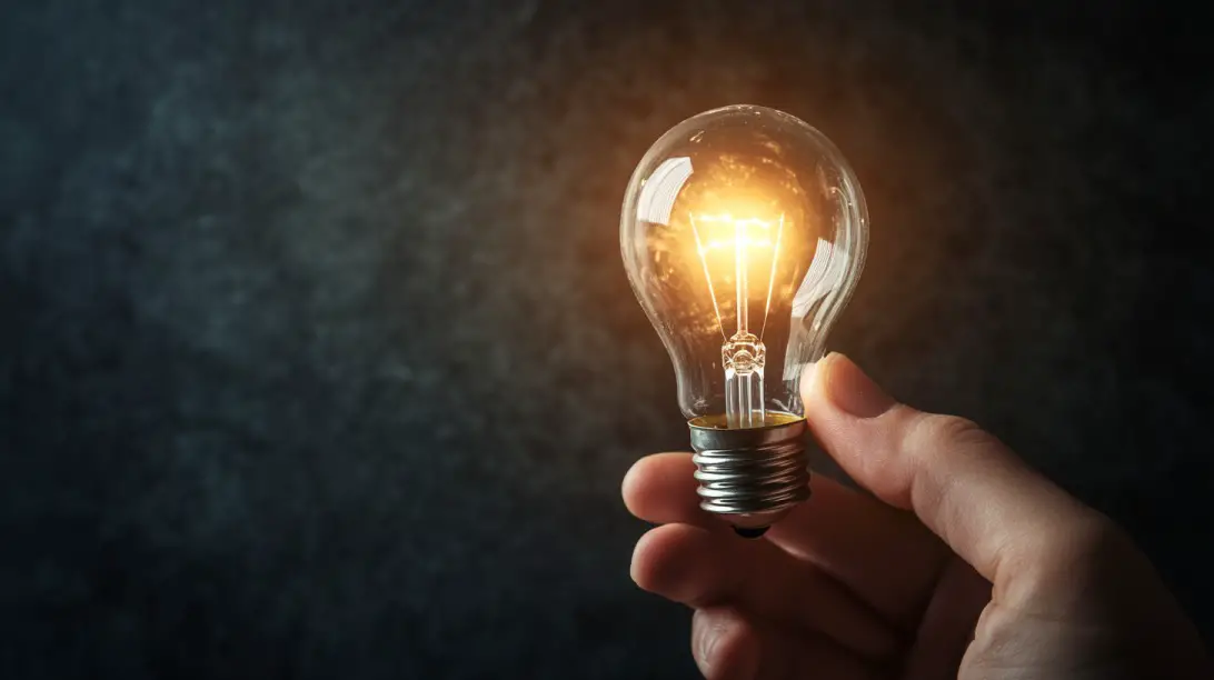Hand holding a glowing light bulb against a dark background, symbolizing electricity use