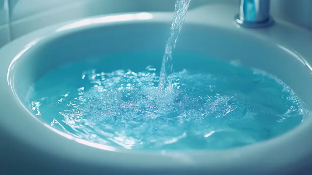 Running water filling a bathroom sink, emphasizing water usage