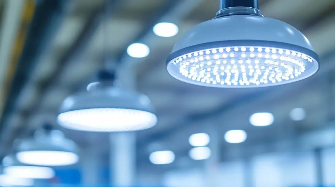 Close-up of energy-efficient LED ceiling lights glowing in a modern facility