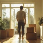 A man stands in a sunlit room surrounded by cardboard boxes, gazing out of an open glass door, contemplating a move