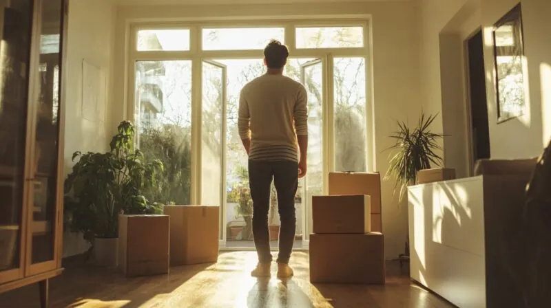 A man stands in a sunlit room surrounded by cardboard boxes, gazing out of an open glass door, contemplating a move