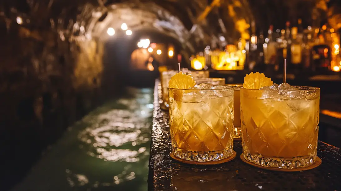 Elegant cocktails on a bar inside a dimly lit underground tunnel with water running alongside