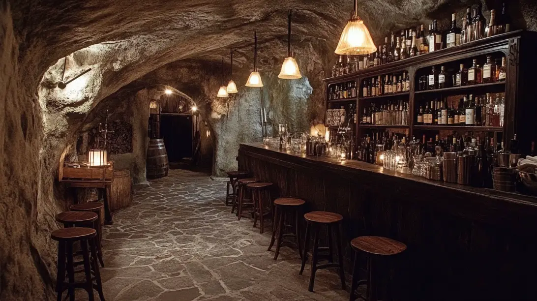 Rustic underground bar with stone walls and floor, warm lighting, wooden stools, and shelves stocked with liquor bottles