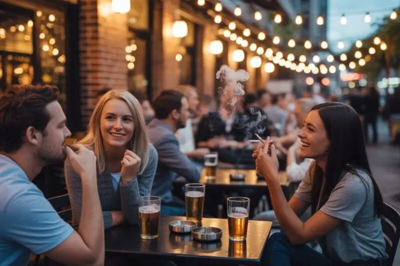 Group of friends drinking beer and smoking cigarettes on a lively outdoor bar patio with string lights.