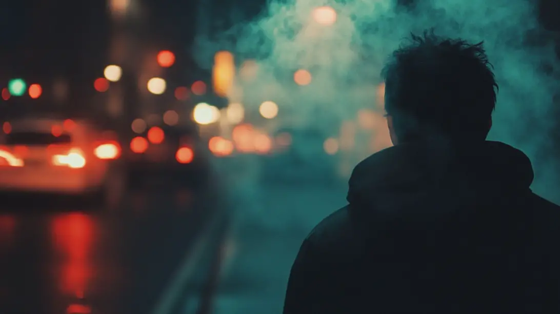 Silhouette of a man in a hooded jacket walking along a misty city street at night with blurred car lights in the background, evoking themes of urban travel and transition