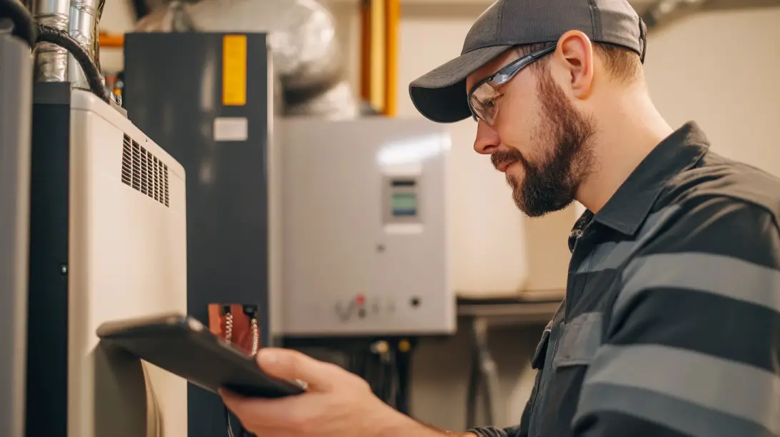 Technician inspecting a modern HVAC unit using a digital tablet