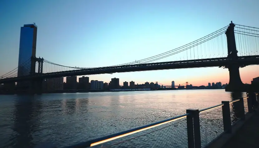 The Manhattan skyline, framed by the Williamsburg Bridge