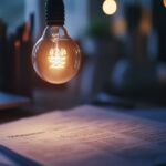 Glowing light bulb hanging over paperwork on a desk, symbolizing ideas and energy savings