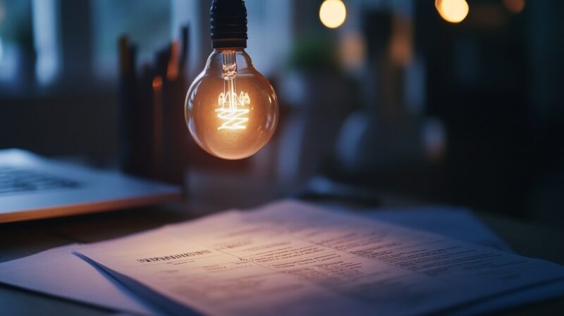 Glowing light bulb hanging over paperwork on a desk, symbolizing ideas and energy savings