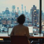Person sitting at a desk with two laptops in front of a large window, with the NYC skyline visible in the evening