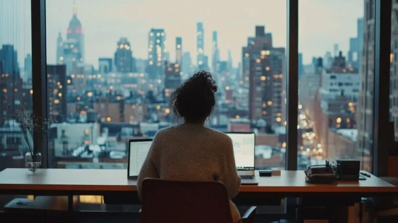 Person sitting at a desk with two laptops in front of a large window, with the NYC skyline visible in the evening