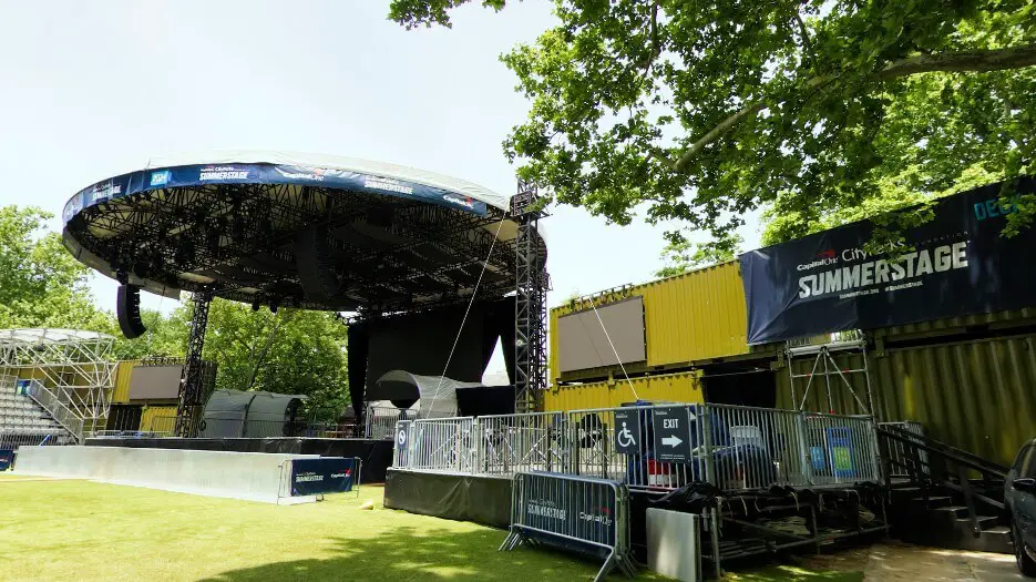 SummerStage venue, with temporary structures and a large stage