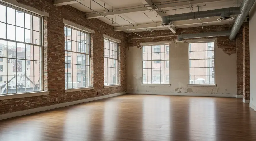 Spacious loft space with large windows offering city views