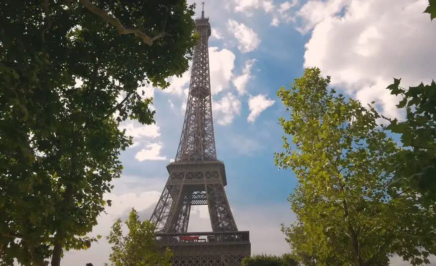 Eiffel Tower, framed by lush Parisian trees