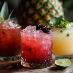 Three colorful non alcoholic cocktails filled with ice and fresh fruit sit on a wooden board next to a pineapple and lime