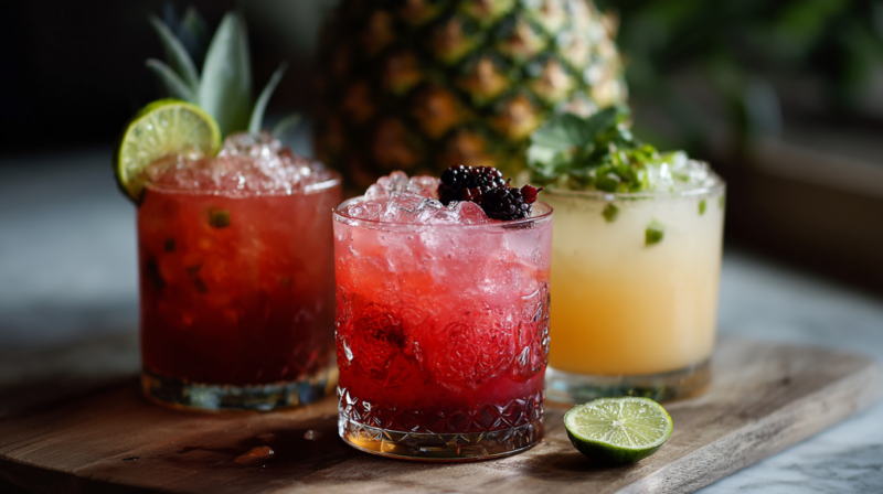 Three colorful non alcoholic cocktails filled with ice and fresh fruit sit on a wooden board next to a pineapple and lime