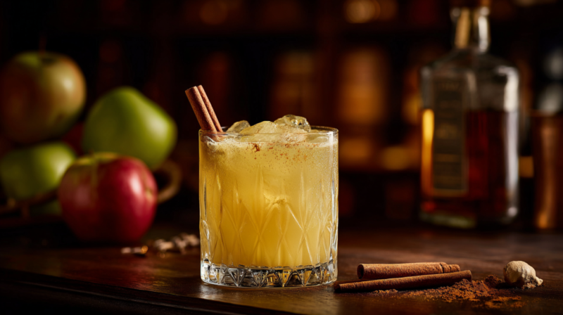 A glass of apple ginger fizz filled with ice and topped with a cinnamon stick sits on a wooden surface next to fresh apples and spices