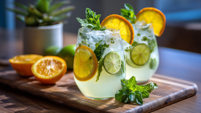 Two glasses of citrus mint spritz filled with ice, fresh lime, orange slices, and mint leaves sit on a wooden board next to cut citrus fruits