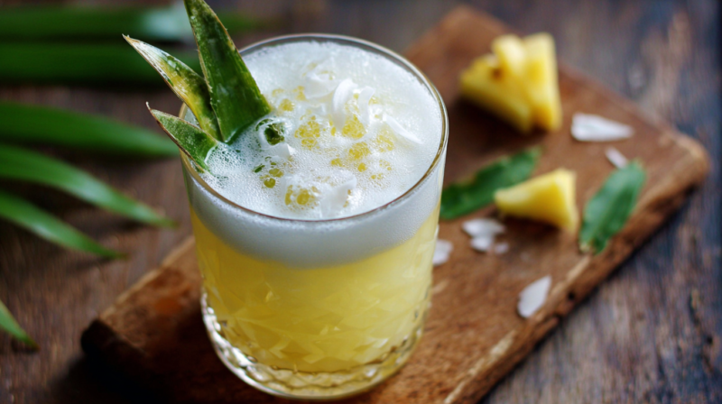 A glass of coconut pineapple fizz topped with foam, shredded coconut, and pineapple leaves sits on a wooden board with pineapple pieces