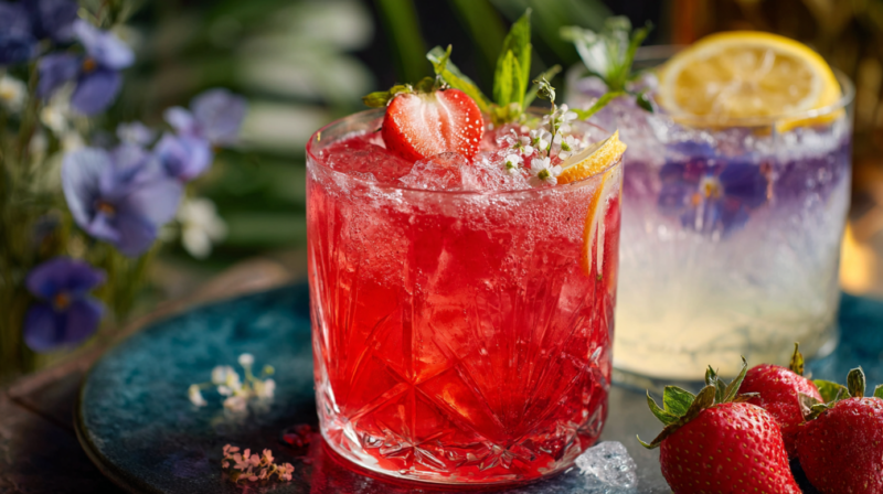 Two colorful non alcoholic cocktails topped with fresh fruit and herbs sit on a blue plate next to strawberries and flowers