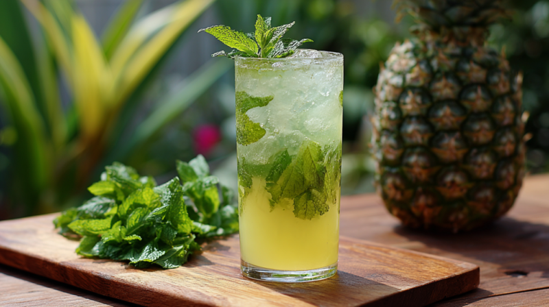 A tall glass of pineapple mint sparkler filled with ice and fresh mint sits on a wooden board next to a bunch of mint and a pineapple