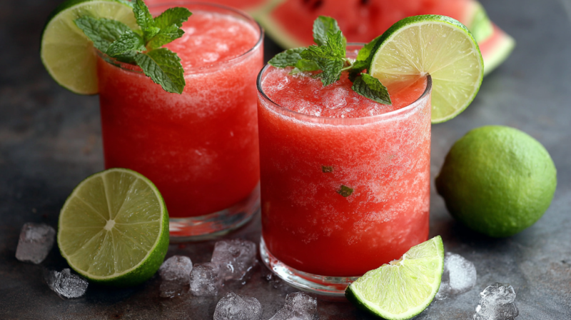 Two glasses of watermelon lime slush topped with mint and lime slices sit on a dark surface surrounded by ice cubes and fresh limes