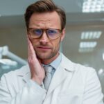 A concerned male dentist wearing glasses and a white coat, holding his cheek in discomfort inside a brightly lit dental clinic