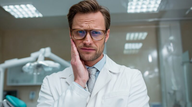 A concerned male dentist wearing glasses and a white coat, holding his cheek in discomfort inside a brightly lit dental clinic