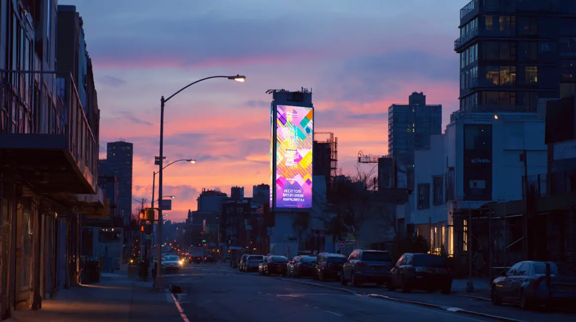 A tall digital billboard in Brooklyn glowing with colorful ads at sunset, surrounded by cars and buildings