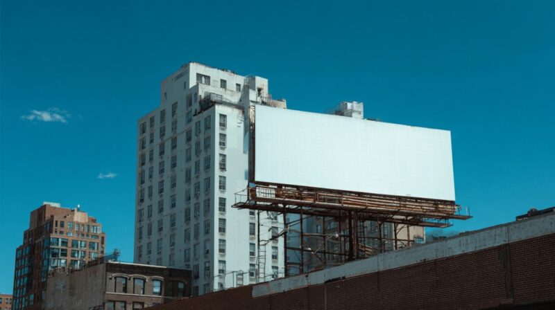 Large blank billboard in Brooklyn with tall buildings in the background under a clear blue sky