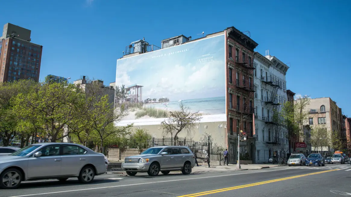A large wallscape billboard on the side of a city building, showing a beach advertisement above a busy street