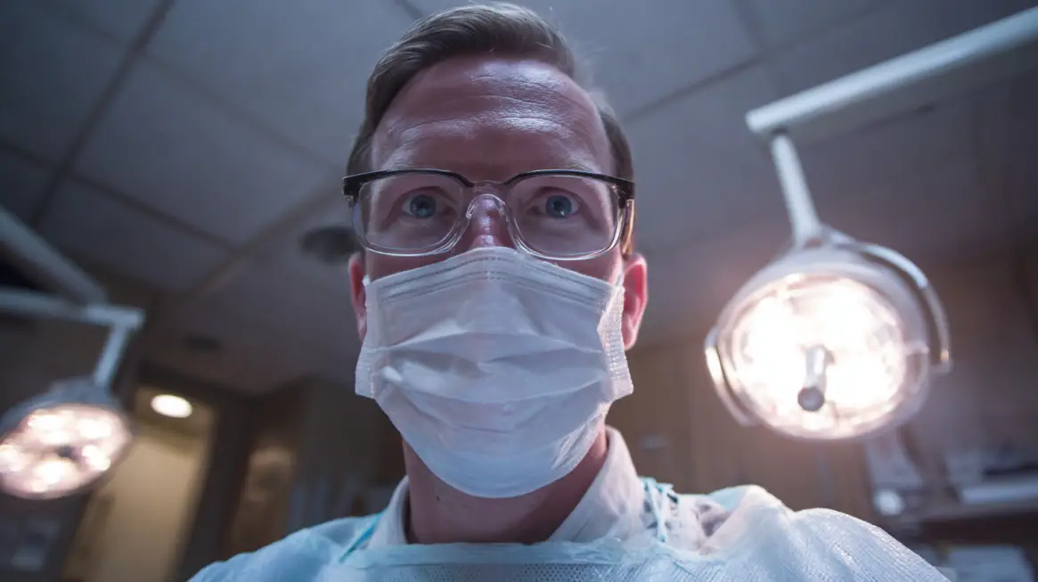 Close-up view of a dentist wearing glasses and a surgical mask under bright examination lights
