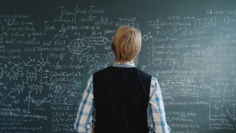A student stands in front of a chalkboard filled with complex mathematical formulas at a university