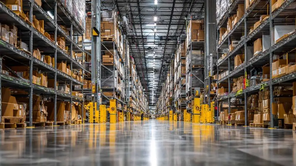 Interior of an Amazon warehouse with tall shelves filled with packages and products, stretching into the distance