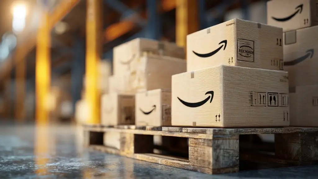 Amazon packages stacked on a wooden pallet inside a warehouse, with shelves and lights in the background