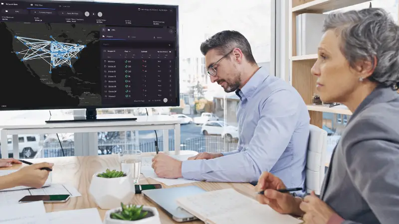 A team reviews logistics data on a screen during a meeting, reflecting the rise of New York tech firms