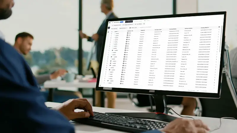A person works at a desk reviewing logistics data on a large computer monitor in an office setting