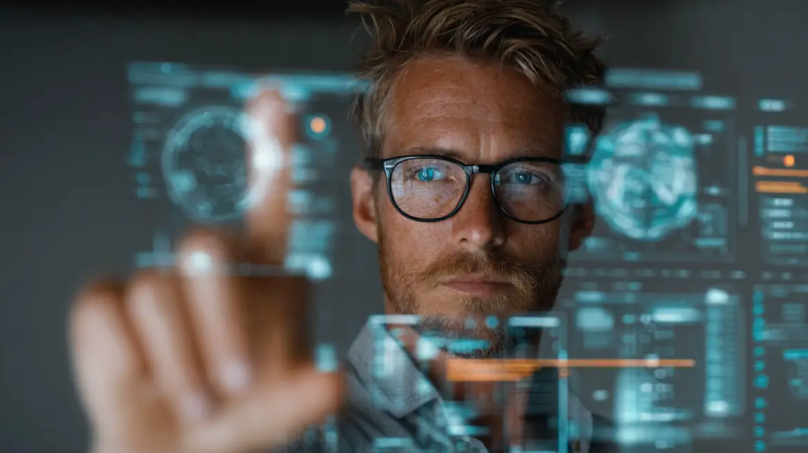 Man interacts with futuristic digital interface analyzing data