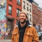 Man smiling on a Brooklyn street with colorful mural in the background
